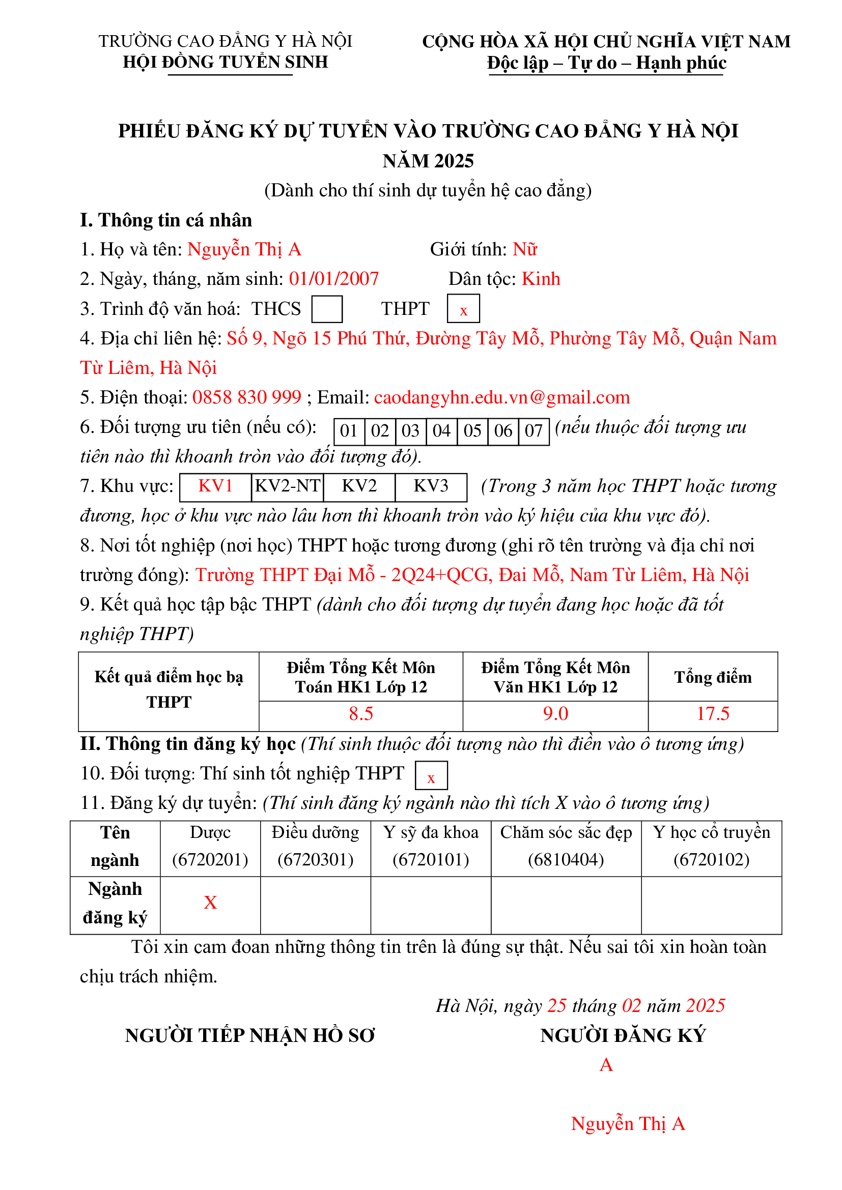 MẪU PHIẾU ĐĂNG KÝ DỰ TUYỂN TRƯỜNG CAO ĐẲNG Y HÀ NỘI NĂM 2025