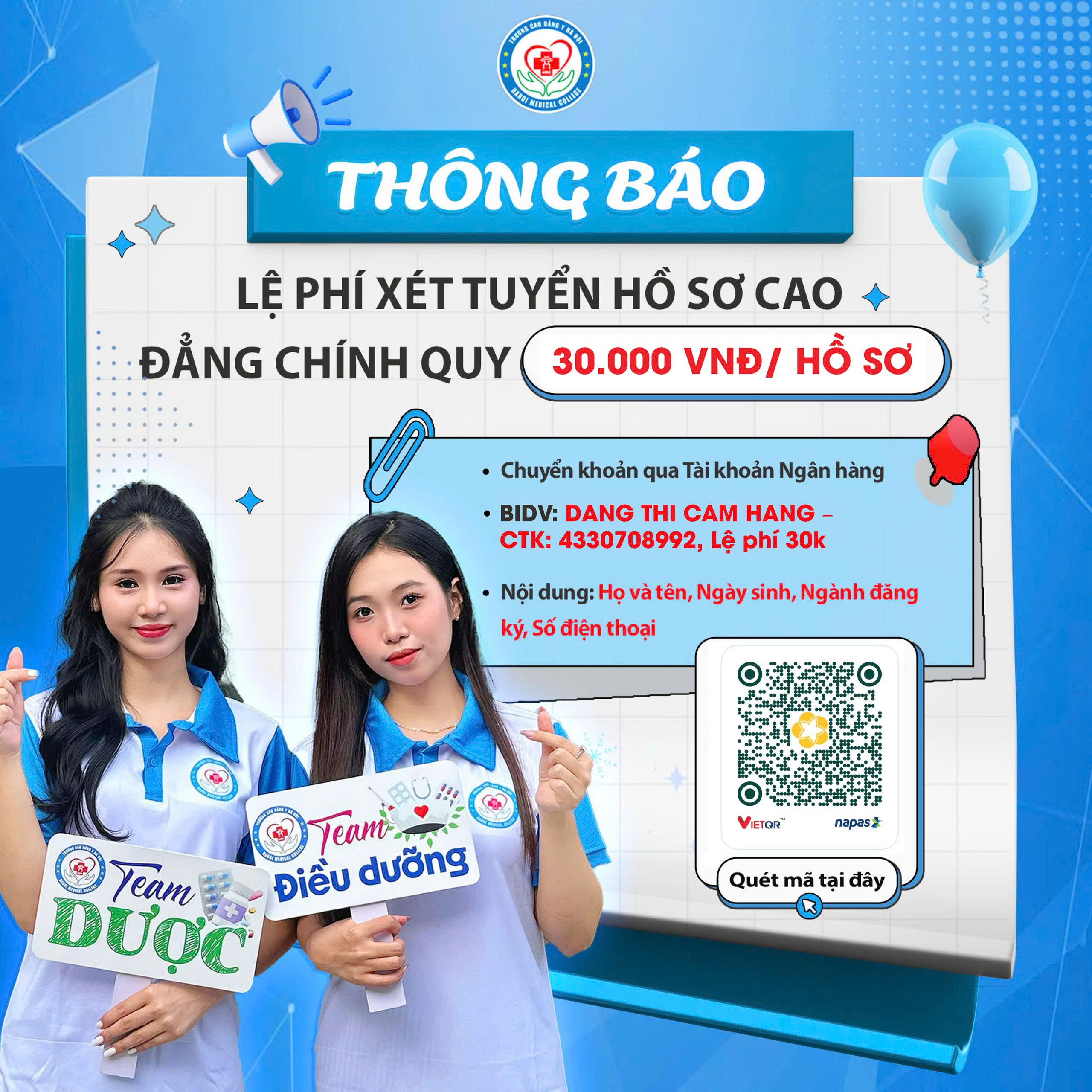 Lệ phí xét tuyển Trường Cao Đẳng Y Hà Nội năm 2026 là bao nhiêu? Hướng dẫn đóng phí chi tiết
